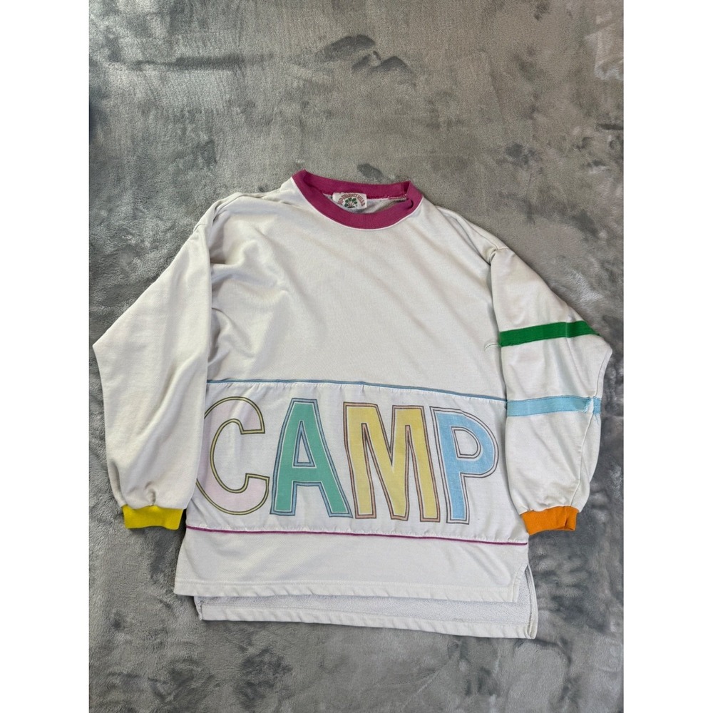 Vintage Camp Beverly Hills Crewneck Sweatshirt Striped Sleeve XL White Sweater